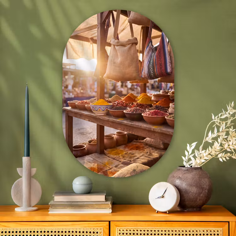Glasbild Oval - Gewürze – Markt – Bunt - Specerijen - Markt - Kleurrijk Wandcirkel Ovaal Glas middel