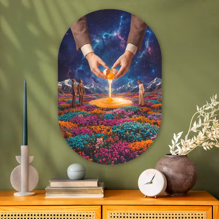 Glasbild Oval - Hände – Ei – Surrealismus - Handen - Ei - Surrealisme Wandcirkel Ovaal Glas middel