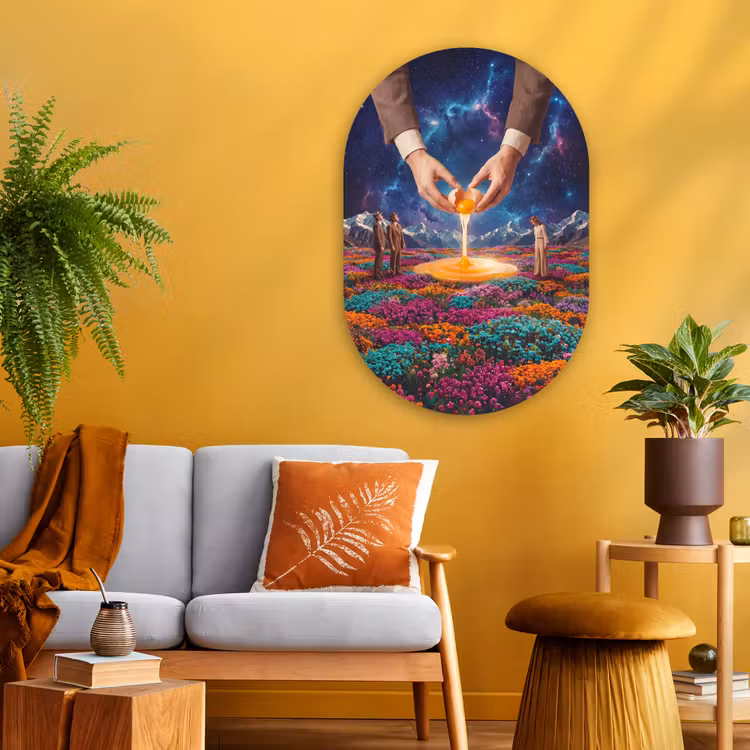 Glasbild Oval - Hände – Ei – Surrealismus - Handen - Ei - Surrealisme Wandcirkel Ovaal Glas middel