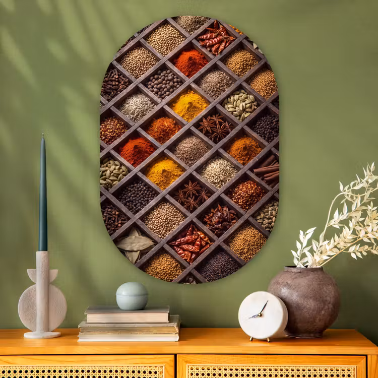 Glasbild Oval - Kräuter – Holz – Essen - Kruiden - Houten - Eten Wandcirkel Ovaal Glas middel
