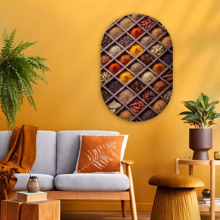 Glasbild Oval - Kräuter – Holz – Essen - Kruiden - Houten - Eten Wandcirkel Ovaal Glas middel