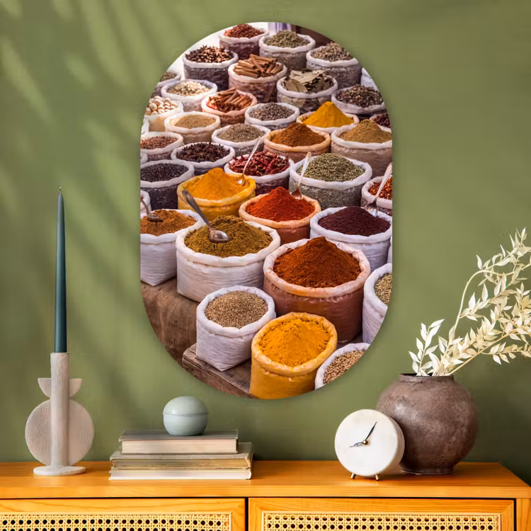 Glasbild Oval - Kräuter – Markt – Essen - Kruiden - Markt - Eten Wandcirkel Ovaal Glas middel