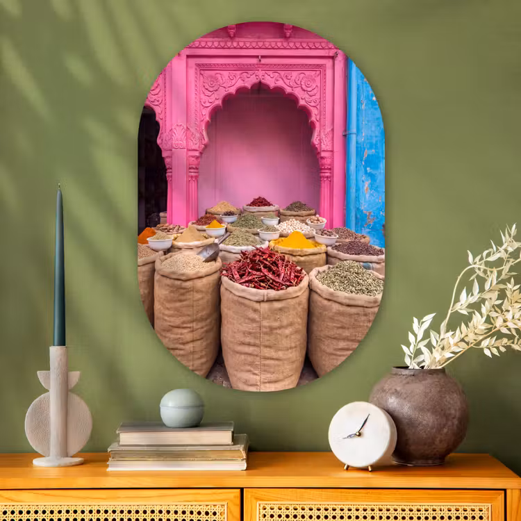 Glasbild Oval - Kräuter – Markt – Rosa - Kruiden - Markt - Roze Wandcirkel Ovaal Glas middel