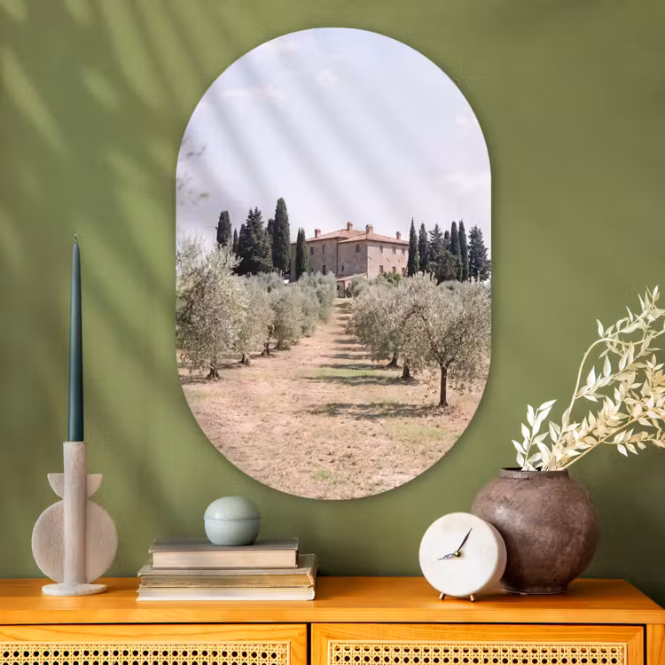 Glasbild Oval - Landhaus – Olivenbaum – Obstgarten - Landhuis - olijfboom - gaard Wandcirkel Ovaal Glas middel