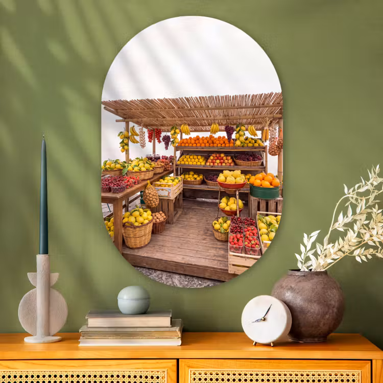 Glasbild Oval - Marktstand – Obst – Frisch - Marktkraam - Fruit - Vers Wandcirkel Ovaal Glas middel