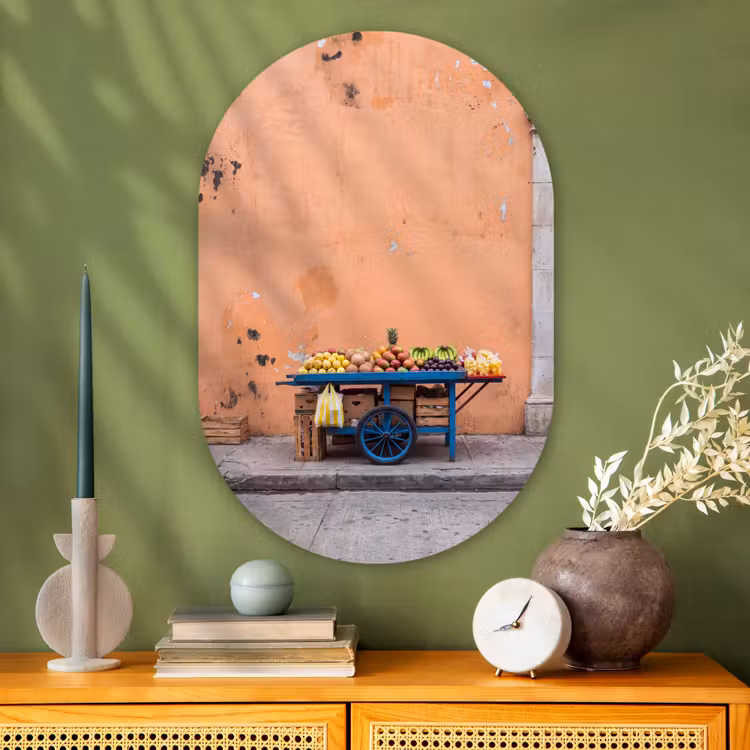 Glasbild Oval - Obst – Kar – Straße - Fruit - Kar - Straat Wandcirkel Ovaal Glas middel