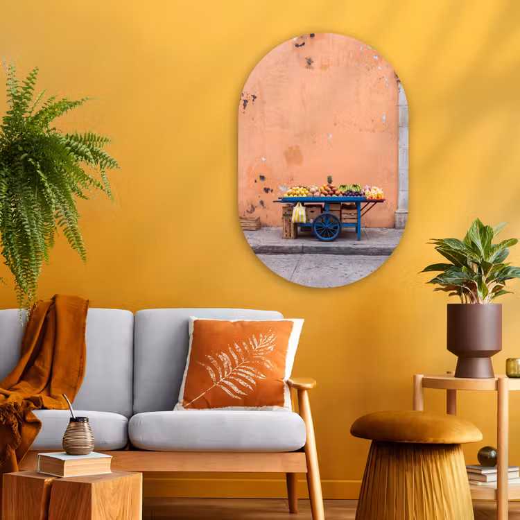 Glasbild Oval - Obst – Kar – Straße - Fruit - Kar - Straat Wandcirkel Ovaal Glas middel