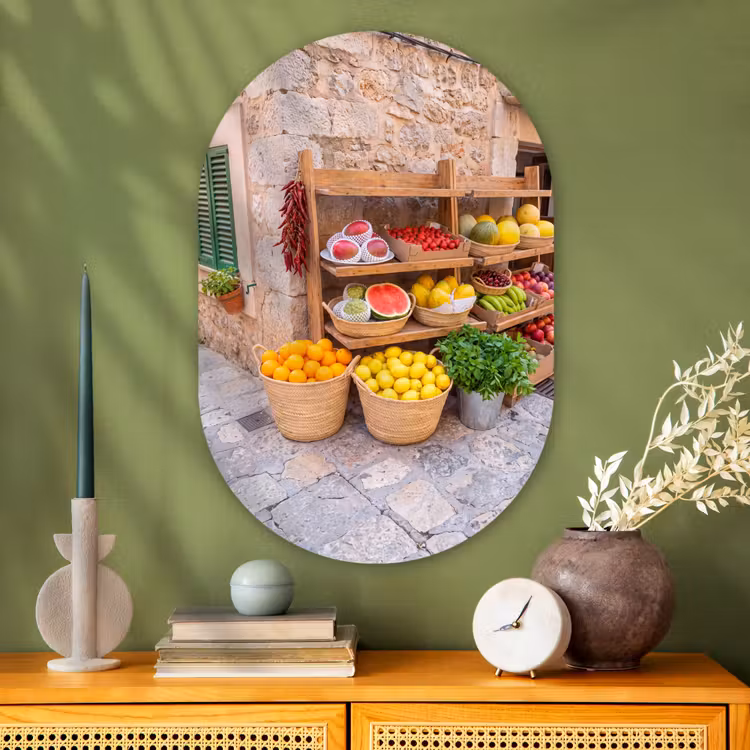 Glasbild Oval - Obst – Markt – Frisch - Fruit - Markt - Vers Wandcirkel Ovaal Glas middel
