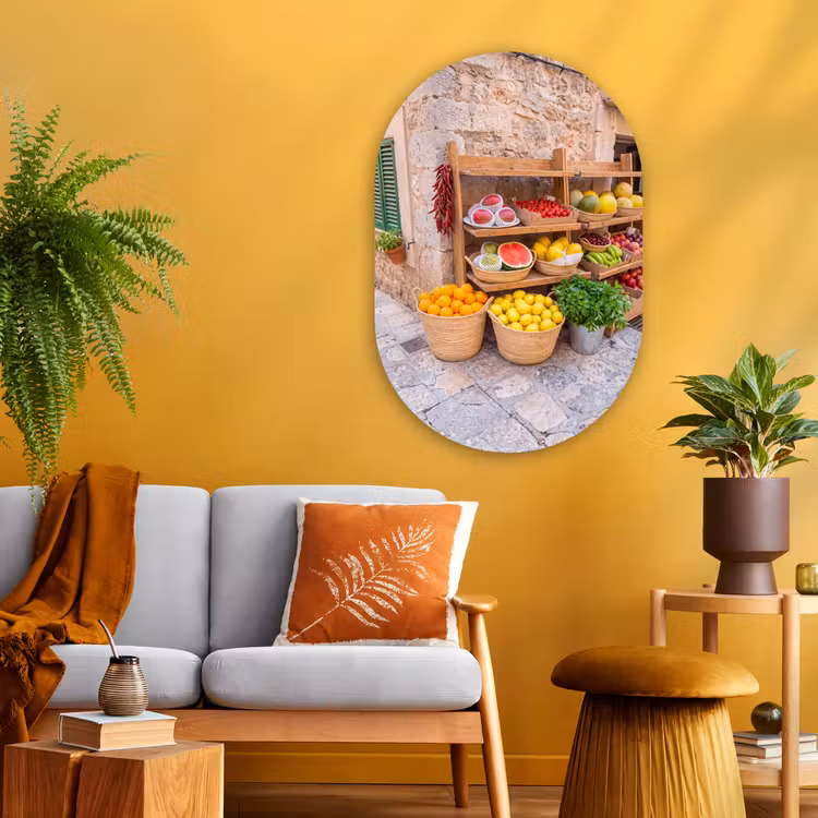 Glasbild Oval - Obst – Markt – Frisch - Fruit - Markt - Vers Wandcirkel Ovaal Glas middel