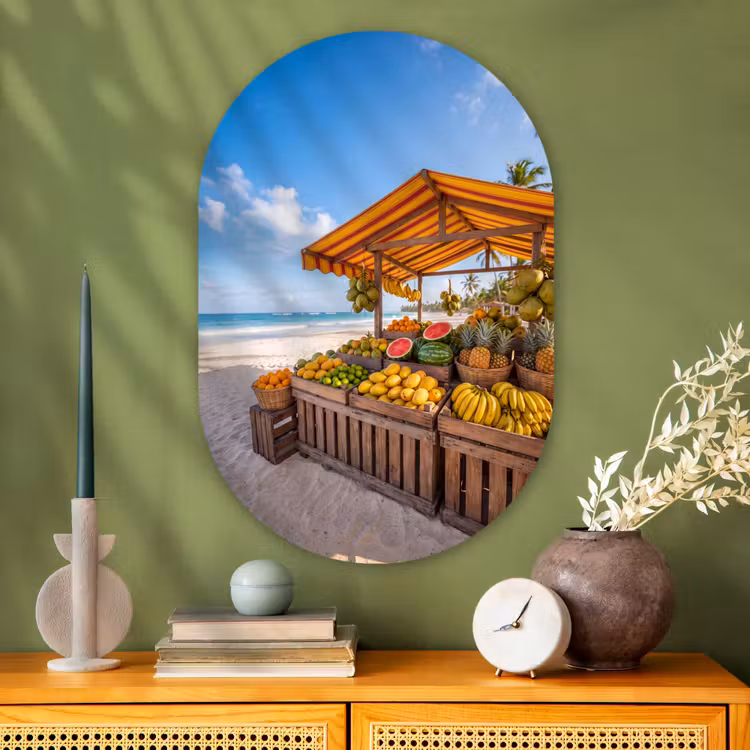 Glasbild Oval - Obst – Strand – Tropisch - Fruit - Strand - Tropisch Wandcirkel Ovaal Glas middel