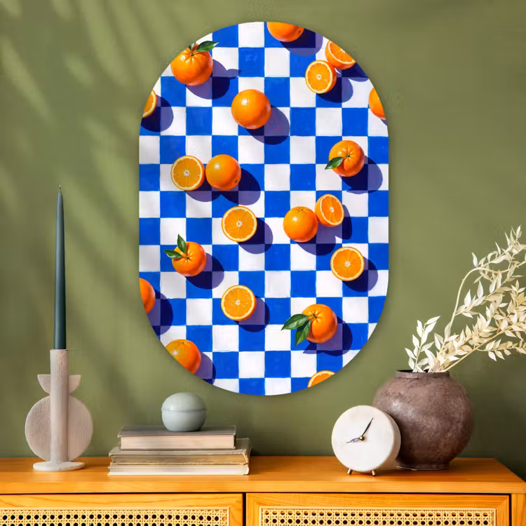 Glasbild Oval - Orange – Kariert – Essen - Sinaasappel - Geruit - Eten Wandcirkel Ovaal Glas middel