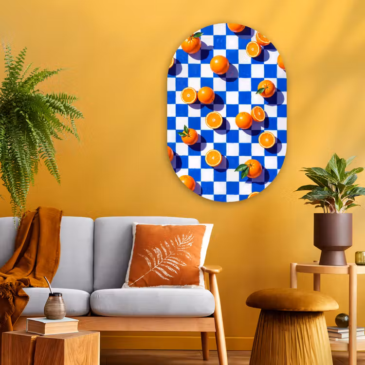Glasbild Oval - Orange – Kariert – Essen - Sinaasappel - Geruit - Eten Wandcirkel Ovaal Glas middel