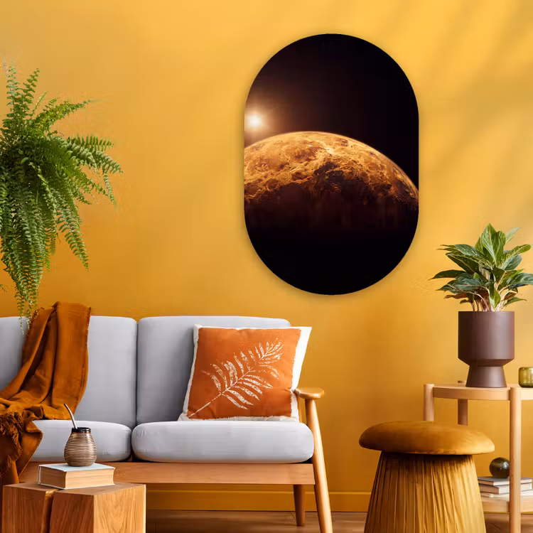 Glasbild Oval - Planet – Weltraum – Orange - Planeet - Ruimte - Oranje Wandcirkel Ovaal Glas middel