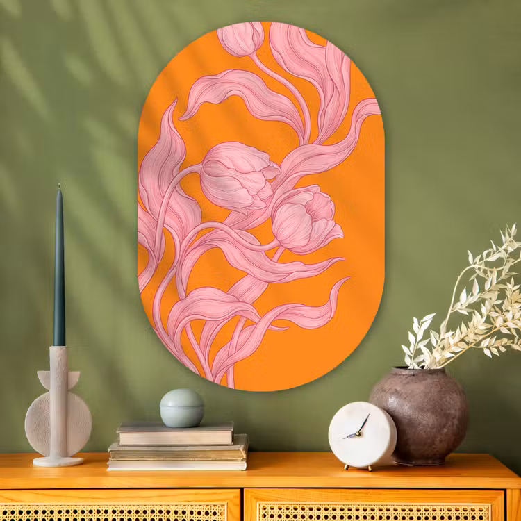 Glasbild Oval - Rosa Blumen – Modern - Roze bloemen - Modern Wandcirkel Ovaal Glas middel