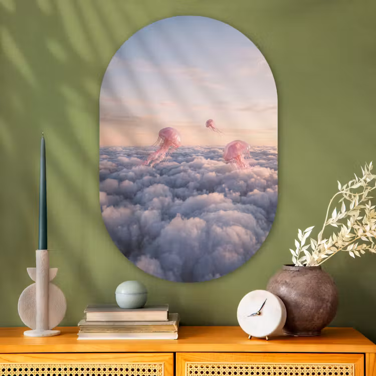 Glasbild Oval - Rosa Tier – Wolken - Roze dier - Wolken Wandcirkel Ovaal Glas middel