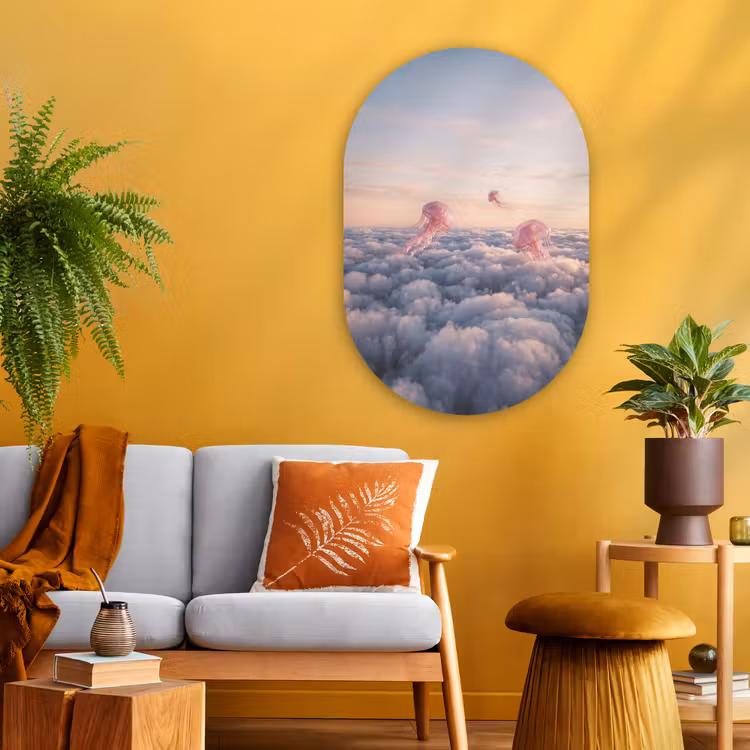 Glasbild Oval - Rosa Tier – Wolken - Roze dier - Wolken Wandcirkel Ovaal Glas middel