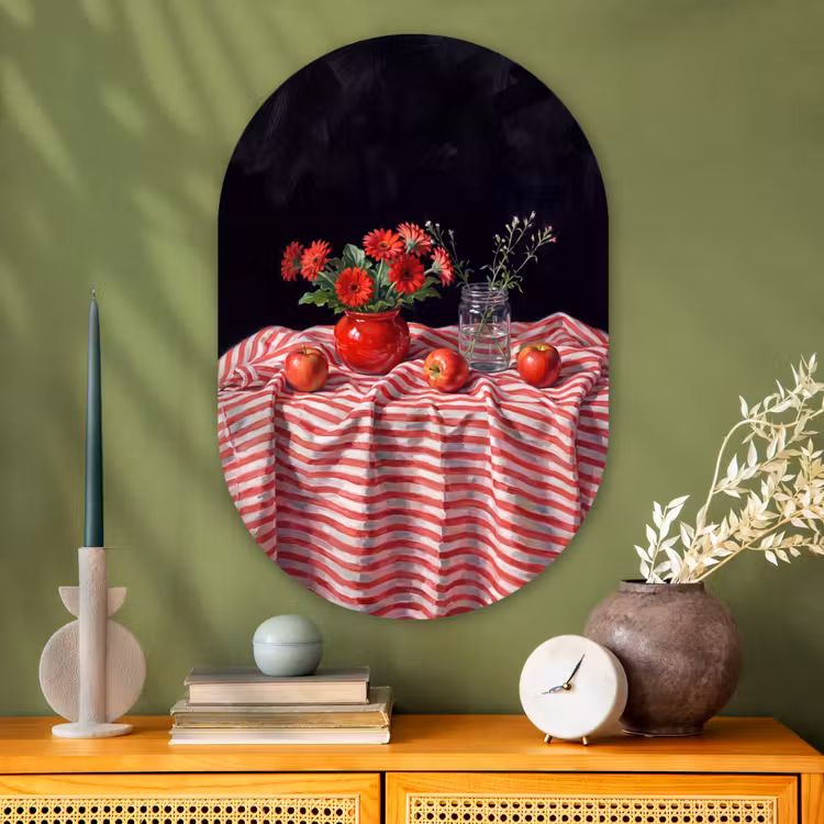 Glasbild Oval - Rote Blumen – Vase - Rode bloemen - Vaas Wandcirkel Ovaal Glas middel
