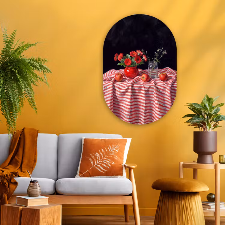Glasbild Oval - Rote Blumen – Vase - Rode bloemen - Vaas Wandcirkel Ovaal Glas middel