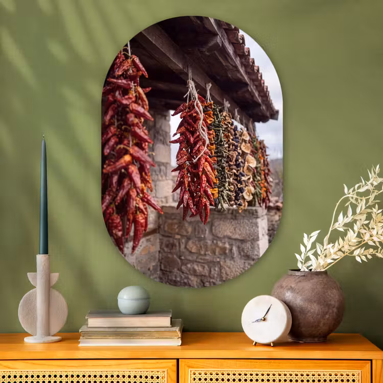 Glasbild Oval - Rote Chilischoten – Essen - Rode pepers - Eten Wandcirkel Ovaal Glas middel