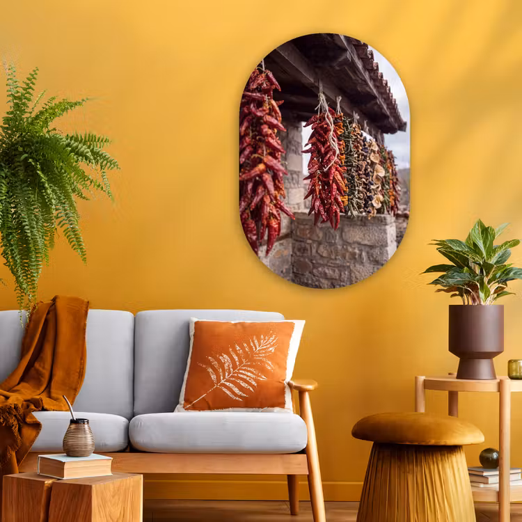 Glasbild Oval - Rote Chilischoten – Essen - Rode pepers - Eten Wandcirkel Ovaal Glas middel