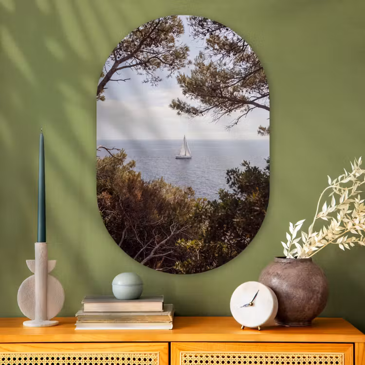 Glasbild Oval - Segelboot – Bäume – Wasser - Zeilboot - bomen - water Wandcirkel Ovaal Glas middel