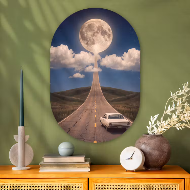 Glasbild Oval - Straße – Mond – Nacht - Weg - Maan - Nacht Wandcirkel Ovaal Glas middel