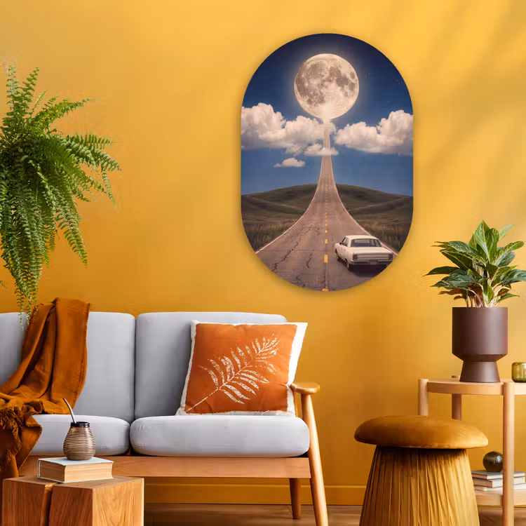 Glasbild Oval - Straße – Mond – Nacht - Weg - Maan - Nacht Wandcirkel Ovaal Glas middel