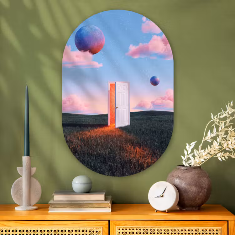 Glasbild Oval - Tür – Fantasie – Raum - Deur - Fantasie - Ruimte Wandcirkel Ovaal Glas middel