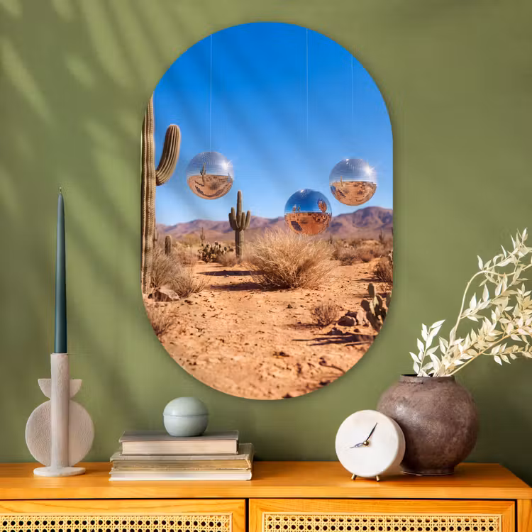 Glasbild Oval - Wüste – Spiegelkugel – Kunst - Woestijn - Spiegelbal - Kunst Wandcirkel Ovaal Glas middel