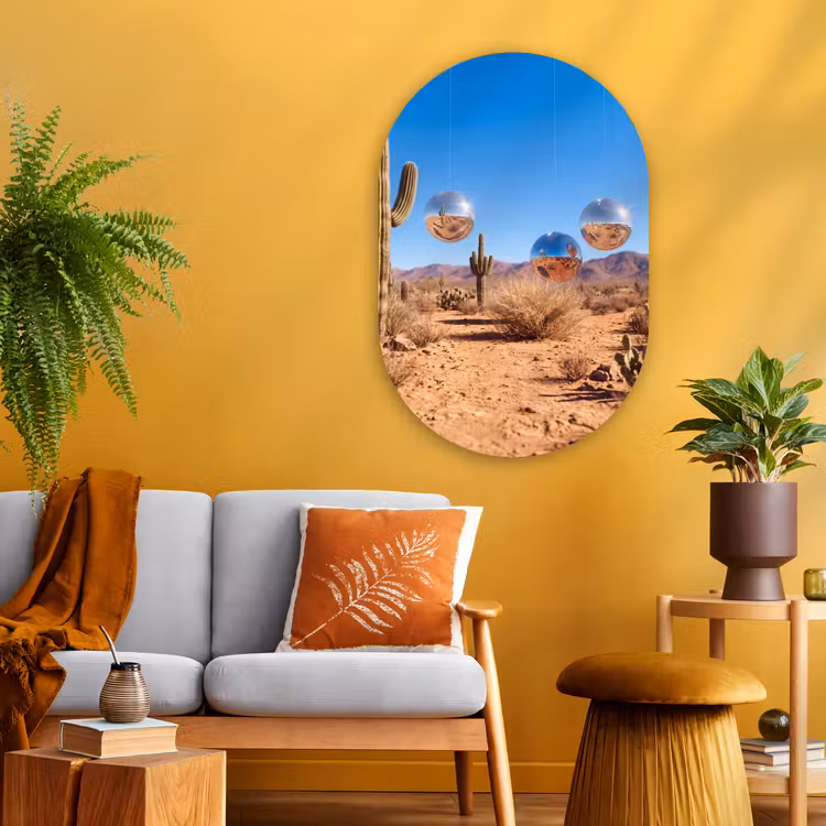 Glasbild Oval - Wüste – Spiegelkugel – Kunst - Woestijn - Spiegelbal - Kunst Wandcirkel Ovaal Glas middel