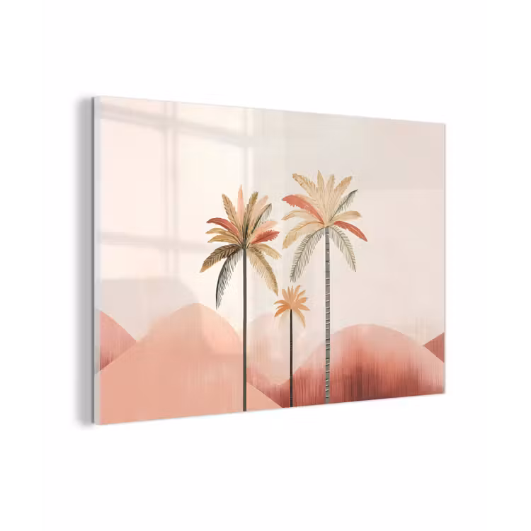 Palmbomen - Heuvels - Minimalistisch - Zachtroze plexiglas 5mm klein -zzzproduct_nieuw