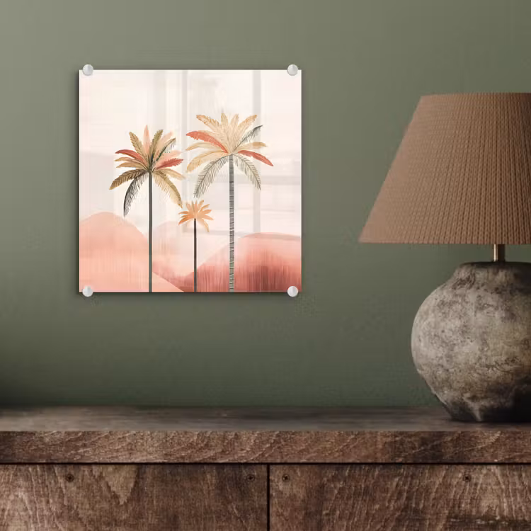 Palmbomen - Heuvels - Minimalistisch - Zachtroze plexiglas 5mm klein -sfeer3