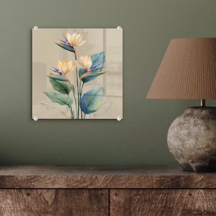 Paradijsvogelbloemen - Blauwgroene bladeren - Beige plexiglas 5mm klein -sfeer3