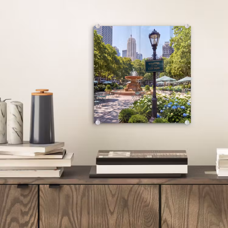 Glasbild - Park – Springbrunnen – Stadt – Natur - Park - Fontein - Stad - Natuur plexiglas 5mm klein