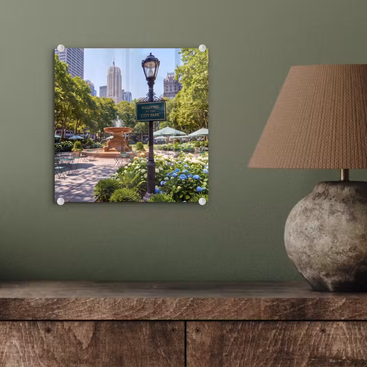 Glasbild - Park – Springbrunnen – Stadt – Natur - Park - Fontein - Stad - Natuur plexiglas 5mm klein