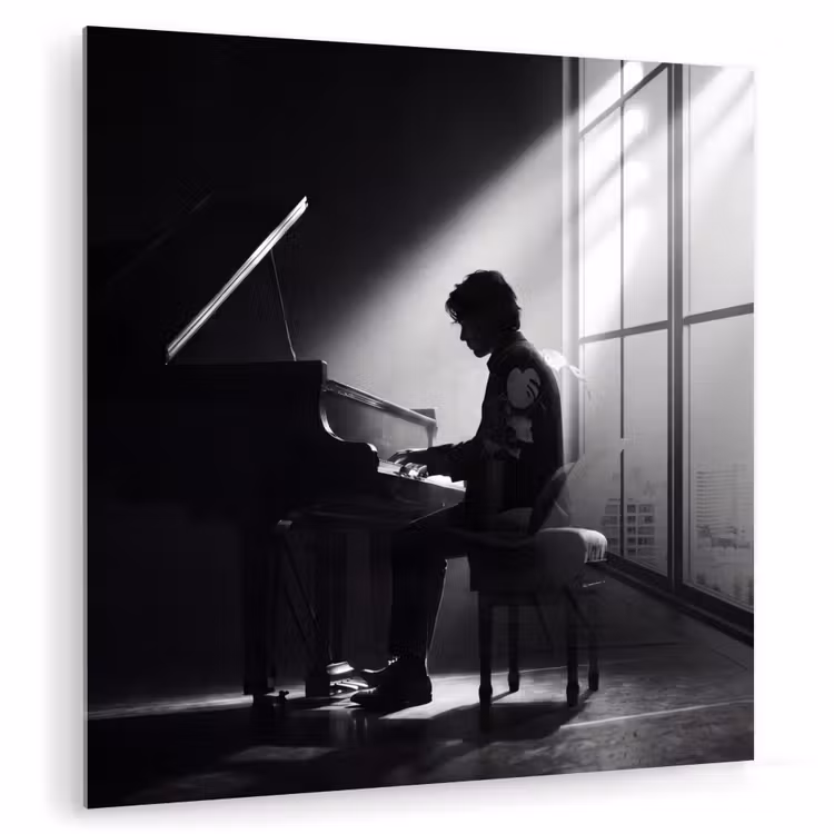 Persoon - Piano - Muziek - Zwart-wit - Podium plexiglas 5mm klein -zzzproduct_nieuw
