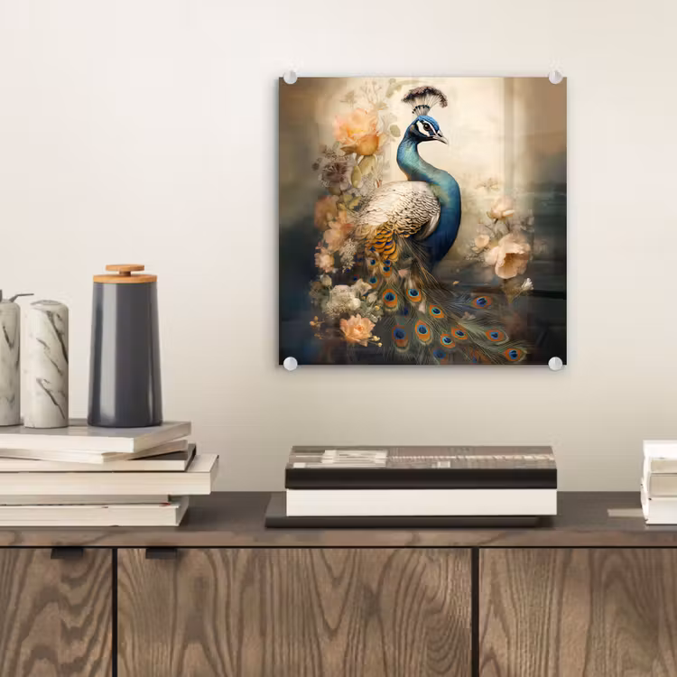 Pauw - Pauwenveren - Bloemen - Vogels - Botanisch plexiglas 5mm klein -sfeer1