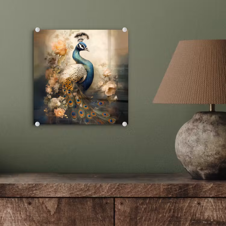 Pauw - Pauwenveren - Bloemen - Vogels - Botanisch plexiglas 5mm klein -sfeer3