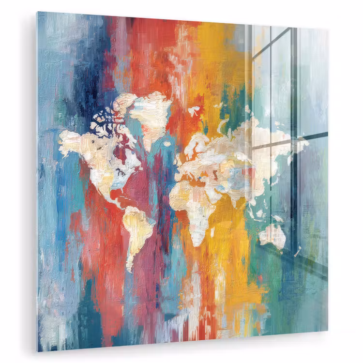 Penseelstreken - Kleurrijk - Schilderij - Wereldkaart plexiglas 5mm klein -zzzproduct_nieuw