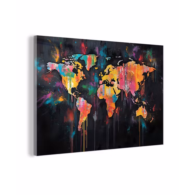 Penseelstreken - Artistiek - Wereldkaart - Kleurrijk plexiglas 5mm klein -zzzproduct_nieuw