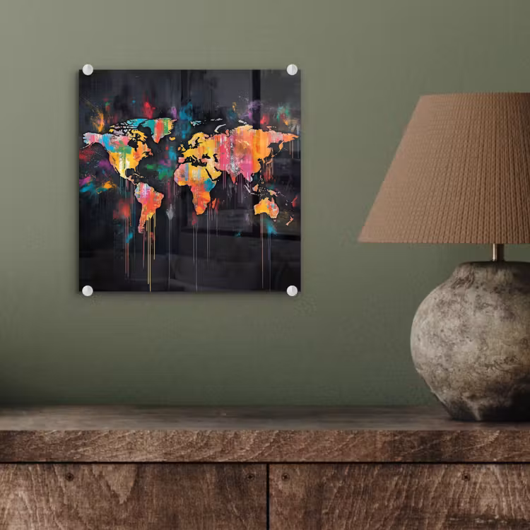 Penseelstreken - Artistiek - Wereldkaart - Kleurrijk plexiglas 5mm klein -sfeer3