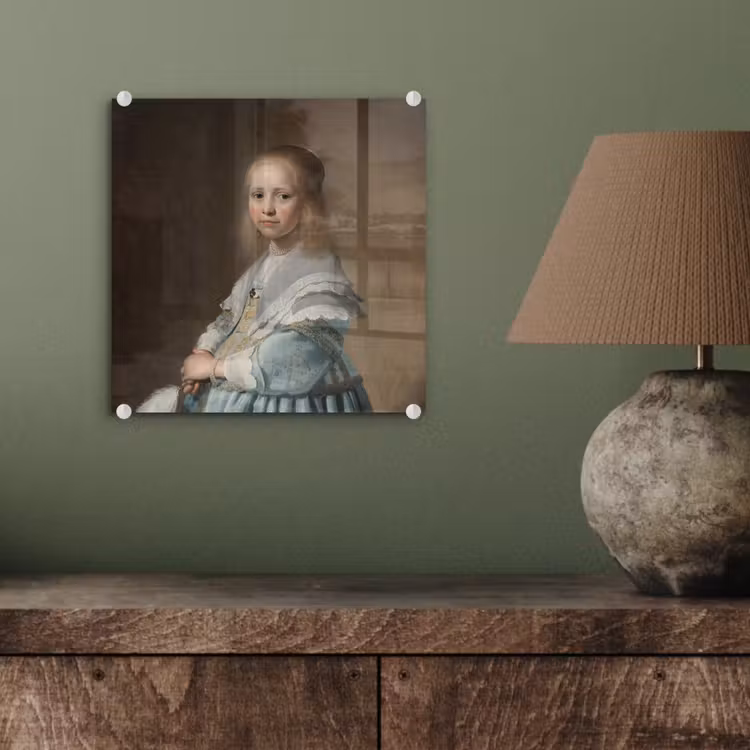 Portret van een meisje in het blauw - Schilderij van Johannes Cornelisz. Verspronck plexiglas 5mm klein -sfeer3