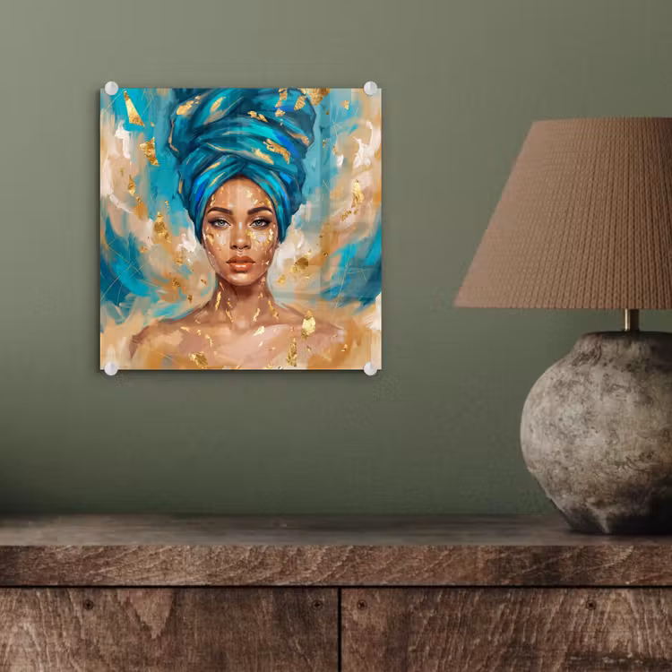 Portret - Vrouw - Schilderij - Blauw - Goud - Expressief plexiglas 5mm klein -sfeer3