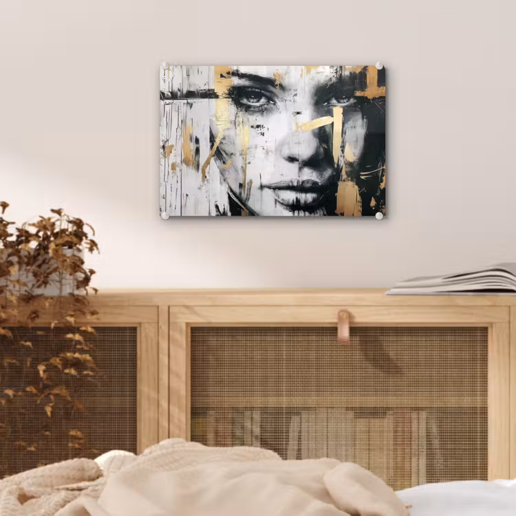 Portret - Vrouw - Penseelstreken - Goud plexiglas 5mm klein -sfeer3