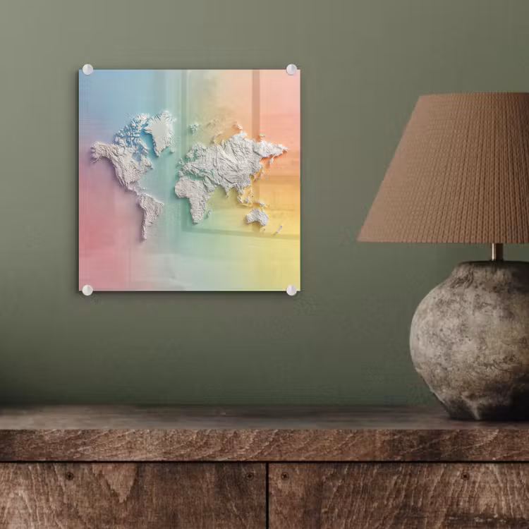 Regenboogkleuren - Wereldkaart - Zacht - Continenten plexiglas 5mm klein -sfeer3