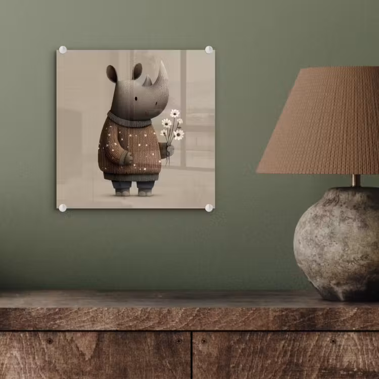 Neushoorn - Witte bloemen - Lief plexiglas 5mm klein -sfeer3