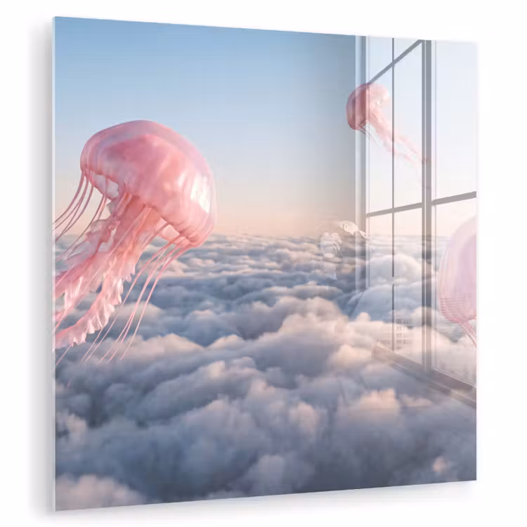 Glasbild - Rosa Tier – Wolken - Roze dier - Wolken plexiglas 5mm klein