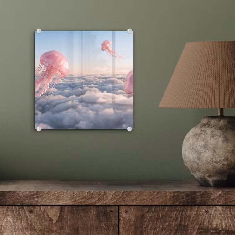 Glasbild - Rosa Tier – Wolken - Roze dier - Wolken plexiglas 5mm klein
