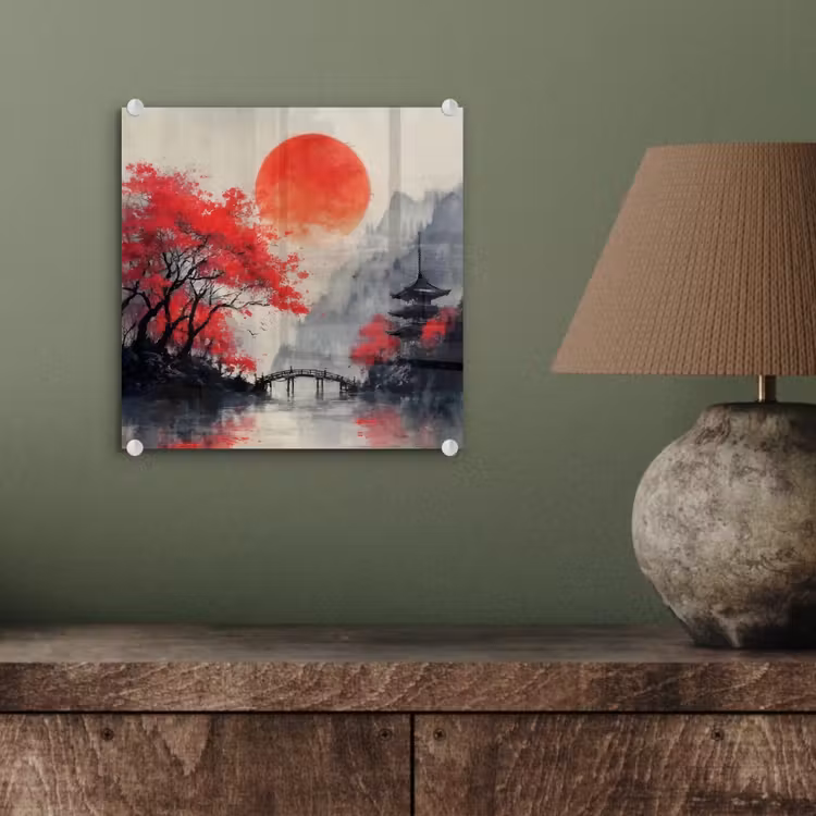 Rode zon - Rivier - brug - Bomen plexiglas 5mm klein -sfeer3