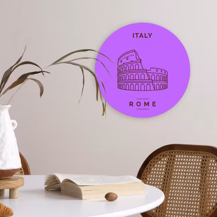 Glasbild Rund - Architektur – Kolosseum – Rom – Minimalistisch – Lila - Architectuur - Colosseum - Rome - Minimalistisch - Paars Wandcirkel plexiglas klein